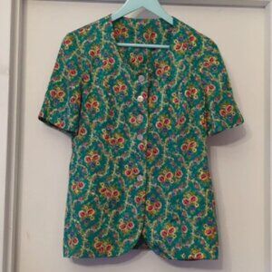 Vintage Teal Floral Button Up Blouse M